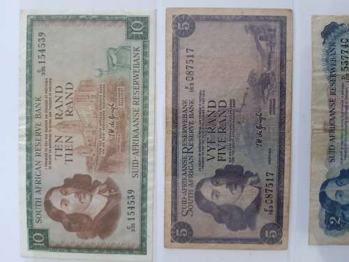 TW de Jongh Set of R1, R2, R5 and R10 South African Banknotes